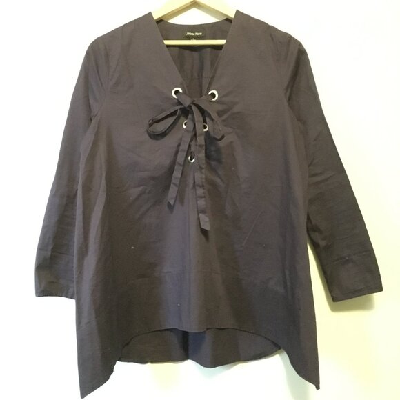 Dark Navy Blue Cotton Lace Up Handkerchief Hem Sailor Blouse - Picture 3 of 16